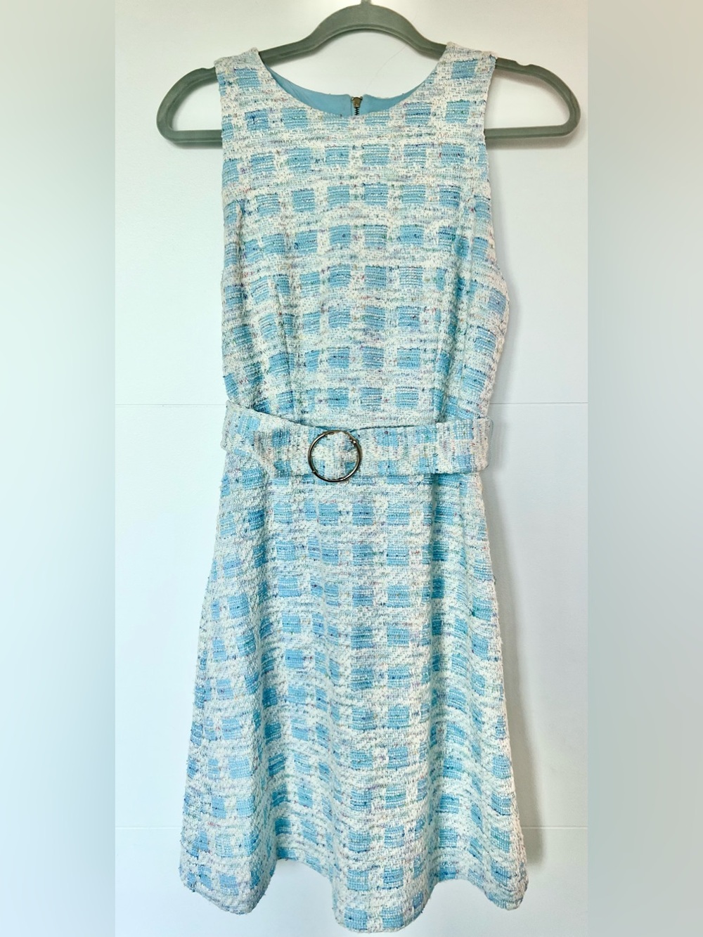 Taylor Blue White Textured Tweed Belted A-Line Dress Size 8